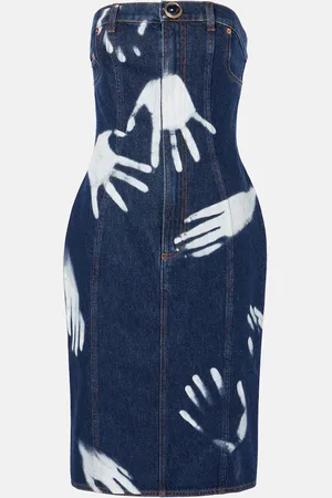 AREA Printed strapless denim midi dress