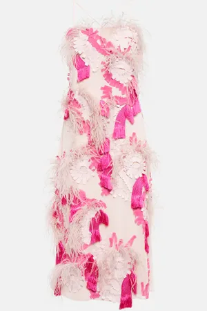 XU ZHI Feather-trimmed embroidered midi dress
