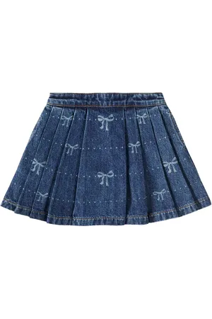 Self-Portrait Bow embellished printed denim skirt