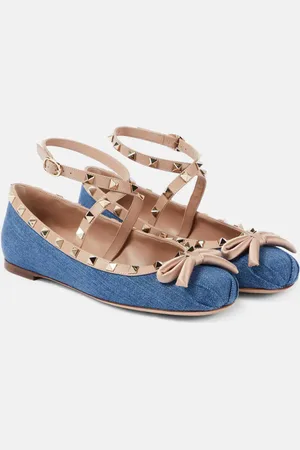 VALENTINO GARAVANI Rockstud leather-trimmed denim ballet flats