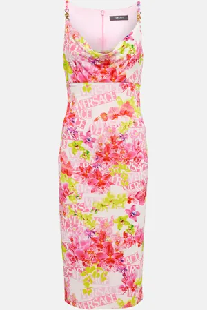 VERSACE Logo floral crÃªpe midi dress