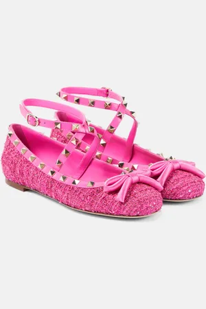 VALENTINO GARAVANI Rockstud leather-trimmed bouclÃ© ballet flats