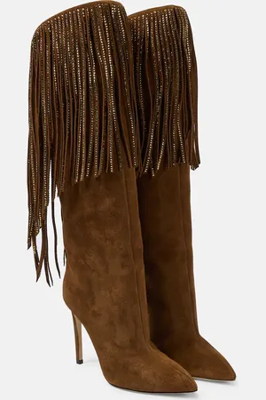 PARIS TEXAS Fringed embellished suede knee-high boots