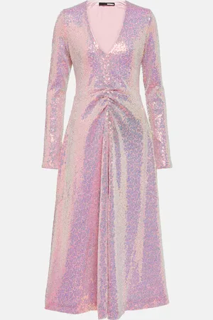 ROTATE Ruched sequined midi dress