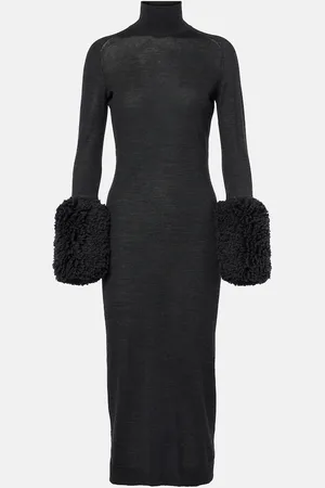 Alaïa Faux shearling-trimmed virgin wool midi dress