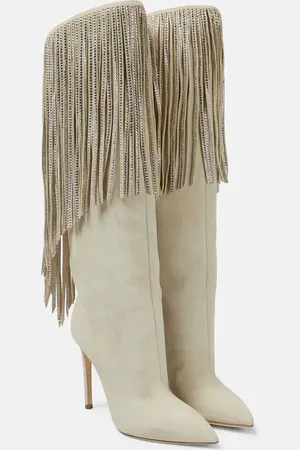 PARIS TEXAS Fringed embellished suede knee-high boots