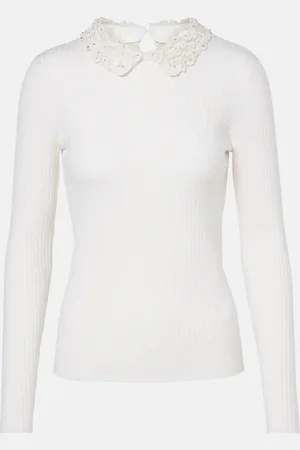 Carolina Herrera Embellished ribbed-knit wool top