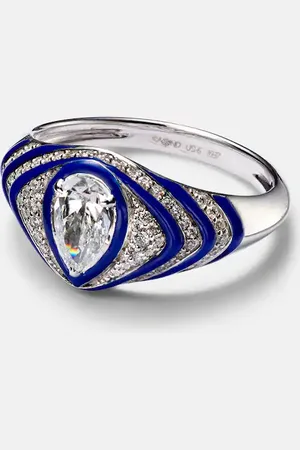 Kamyen Striped Pear 18kt white gold and enamel pinky ring with diamonds