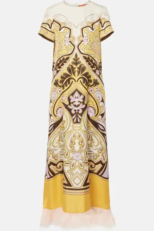 La DoubleJ Printed feather-trimmed silk maxi dress