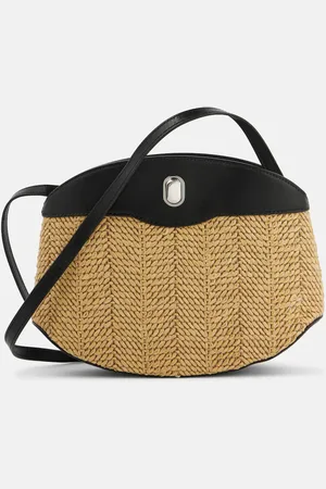 SAVETTE Tondo leather-trimmed raffia crossbody bag