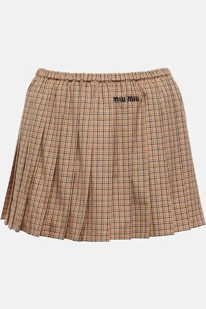 Miu Miu Logo pleated checked cotton miniskirt
