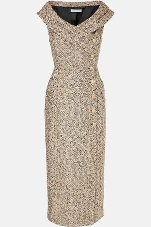 Alessandra Rich Off-shoulder tweed lamÃ© midi dress