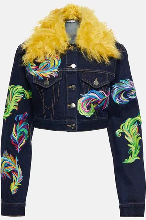 AREA Mohair-trimmed cropped denim jacket
