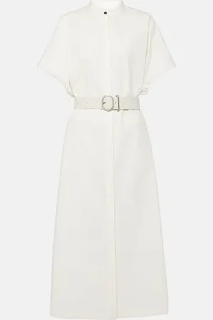 Jil Sander Belted leather-trimmed cotton midi dress