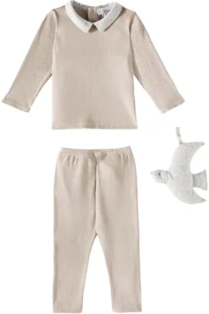 BONPOINT Baby Denice cotton top, pants, and stuffed animal set
