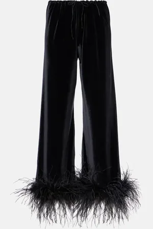 Oseree Feather-trimmed velvet wide-leg pants