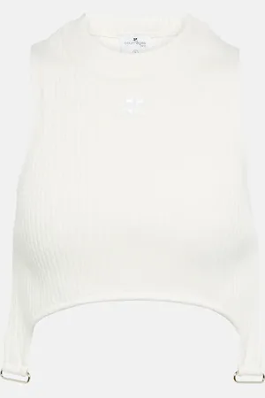 Courrèges Ribbed-knit cropped top with suspenders
