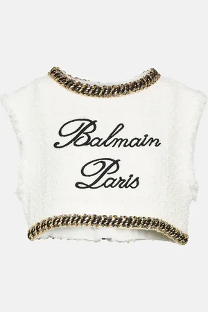 Balmain Logo chain-detail tweed crop top