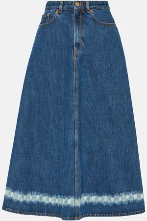 VALENTINO VGold distressed denim midi skirt