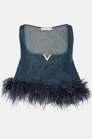 VALENTINO VGold feather-trimmed denim bra top