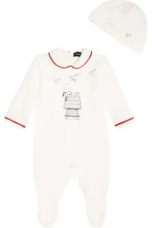 MONNALISA Baby Snoopy cotton onesie, beanie, and cushion cover set