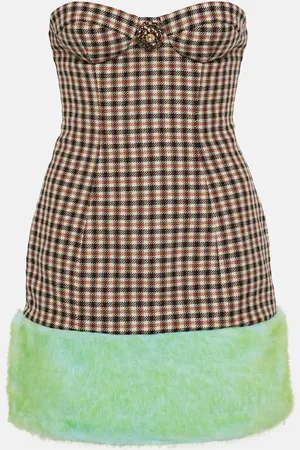 AREA Faux fur-trimmed strapless minidress