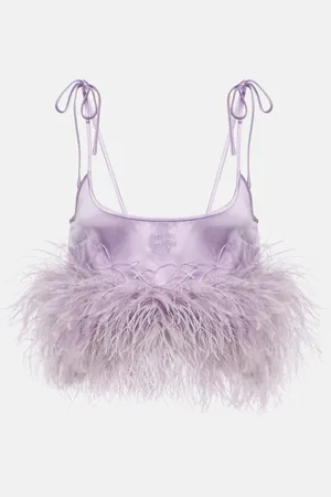 Miu Miu Feather-trimmed logo satin crop top