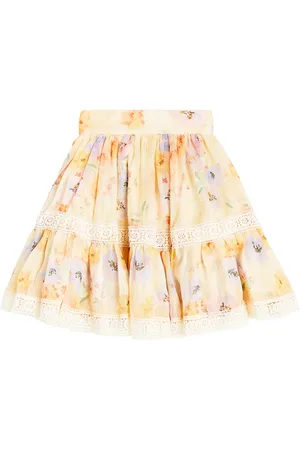 Petite Amalie Floral ruffled silk and linen skirt