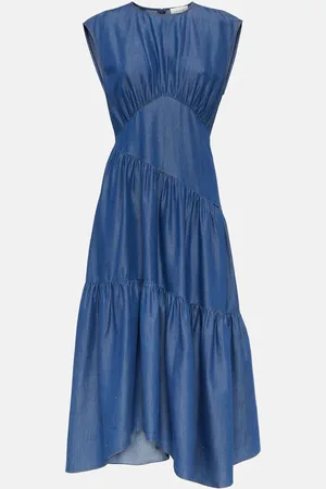 Frame Gathered tiered denim midi dress