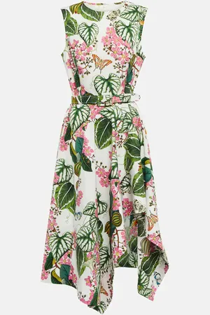 Oscar de la Renta Floral asymmetric cotton-blend midi dress