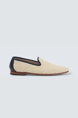 Manolo Blahnik Mario leather-trimmed raffia-effect loafers