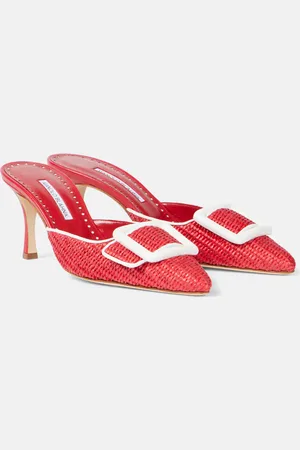 Manolo Blahnik Maysale 70 leather-trimmed raffia mules
