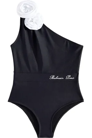 Balmain Floral-appliquÃ© one-shoulder swimsuit