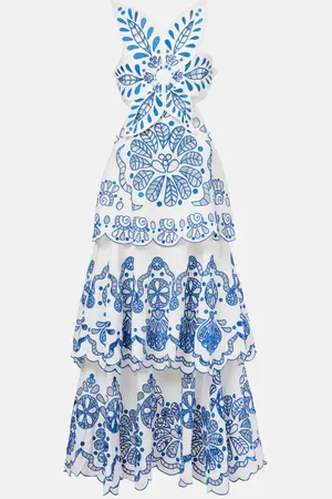 Farm Rio Embroidered tiered linen maxi dress