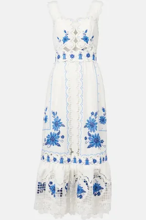 Farm Rio Embroidered linen-blend midi dress