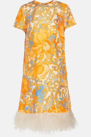 La DoubleJ Printed feather-trimmed silk minidress