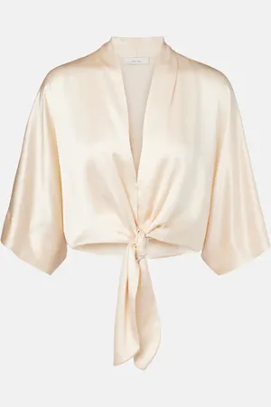 The Sei Cropped silk satin wrap blouse