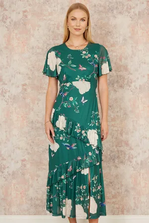 Yumi Mesh Bird And Floral Print Midi Dress With Ruffles40