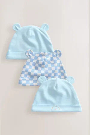 Next 100% Cotton Baby Bear Ear Beanie Hats 3 Pack (0-18mths)50cm