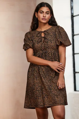 Next Textured Jersey Puff Sleeves Tie Front Detail Mini Dress42