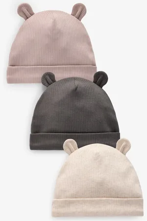 Next Baby Bear Ear Beanie 100% Cotton Hats 3 Pack (0-18mths)Eerste maat (50cm)