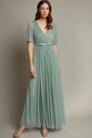 Monsoon Ellie Sheer Sleeve Plunge Tulle Maxi Dress36