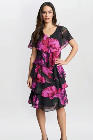 Gina Bacconi Skylar Short Printed Floral Tier Black Dress40