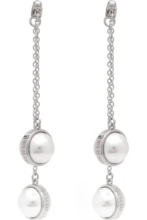 Karen Millen Silver Tone Logo Pearl Double Drop Earringseen