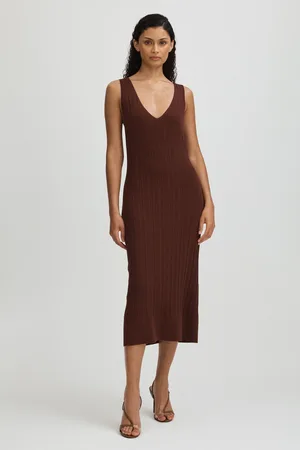 Paige Ribbed Bodycon Midi Brown DressL