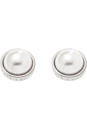 Karen Millen Silver Tone Logo Pearl Stud Earringseen