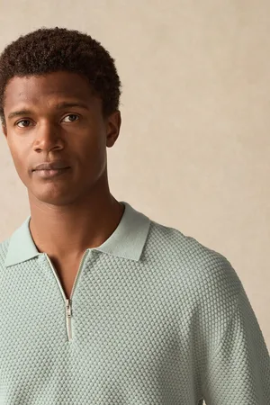 Next Regular Fit 100% Cotton Textured Short Sleeve Knit Zip Polo ShirtL