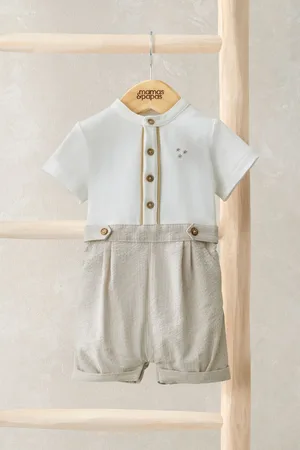 Mamas & Papas Eid Stripe Embroidered Shortie Brown Romper6268cm