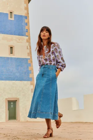 Boden Panelled Full 100% Cotton Denim Skirt36