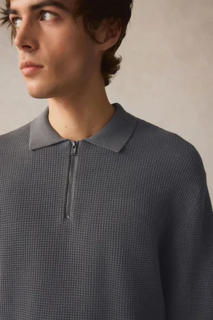 Next Regular Fit 100% Cotton Long Sleeve Textured Knit Zip Polo ShirtM Reg